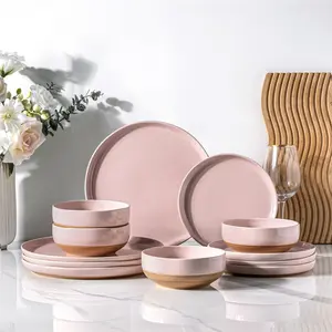 Ceramic Dinnerware Sets for 4, 12 Pieces Handpainted Plates and Bowls Set with Rustic Terracotta Underside, Scratch Resistant Stoneware Dishes Set, Dishwasher & Microwave Safe, Cloud Pink