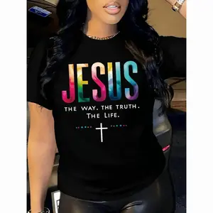 100% cotton Women's Inspirational Jesus Graphic T-Shirt - Colorful Letter & Cross Print Crew Neck Short Sleeve Top For Spring & Summer Machine abl Unisex Cotton Tee