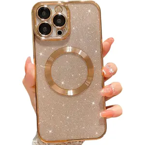Compatible with iPhone 13 Pro Max Magnetic Glitter Case, Luxury  Cute Bling Clear Phone Case, Compatible with MagSafe for Women  with Camera Protector  Cover - Gold