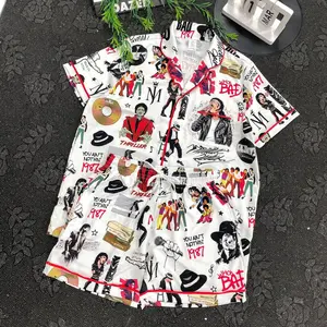 Pop Icon Thriller Satin Pajama Set Women, Halloween Theme Sleepwear, Short Sleeve Casual Loungewear, Soft Comfy Nightwear Gift