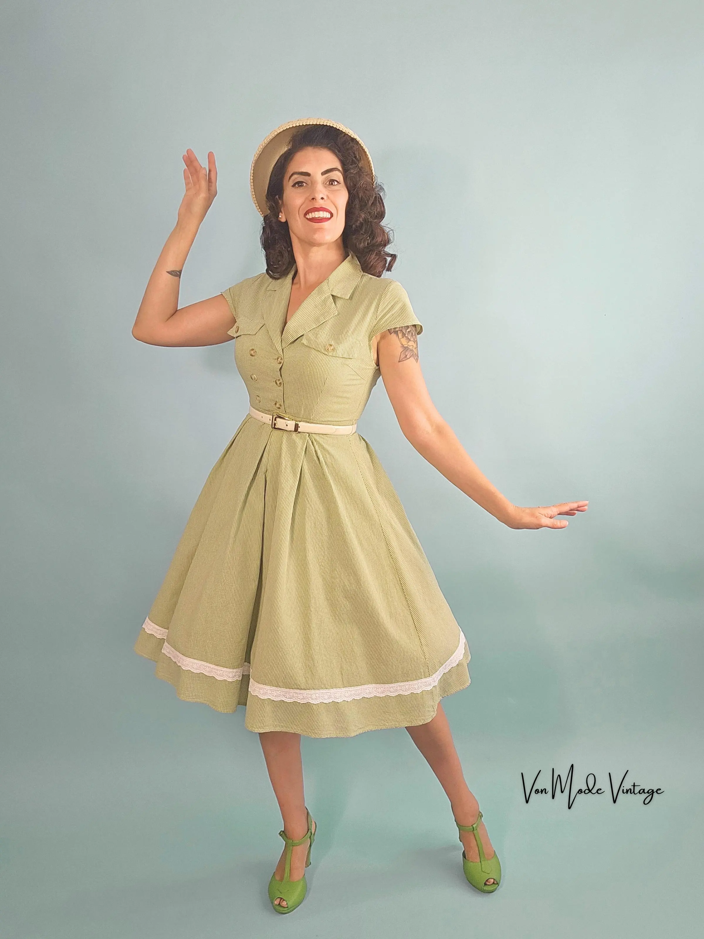 1940's Style Shirtwaist Dress - Green Gingham