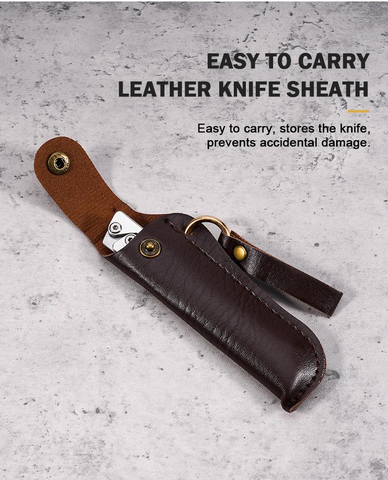 Portable EDC multifunctional tactical outdoor folding knife and pocket knife. Made entirely of steel with a leather sheath; outdoor cutting tools designed specifically for climbing and fishing; essential gear for camping and hiking.