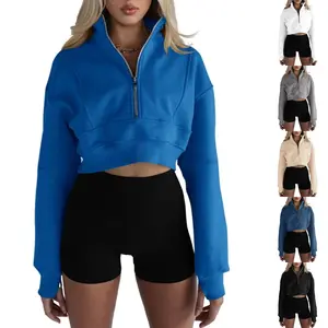 FMEYOA Women's Half Zipper Cropped Sweatshirts Casual Long Sleeve Tops With Thumb Hole