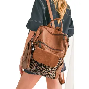 Coffee Leopard Patchwork PU Leather Functional Backpack