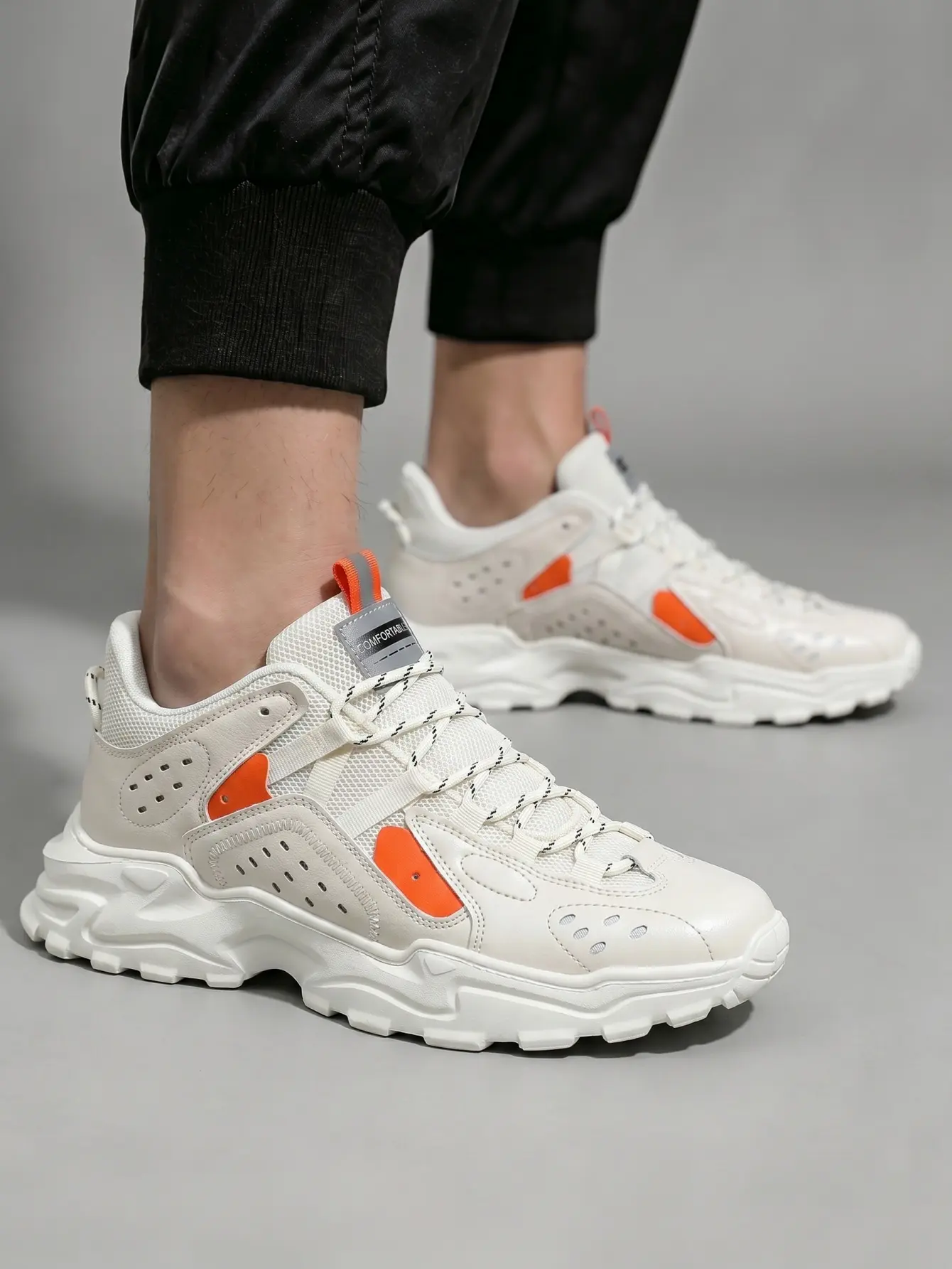 Men’s Beige-Orange Color Block Chunky Dad Sneakers - Breathable Mesh Platform Shoes with Memory Foam, EVA Foam Cushioning, Ankle Support, Height Boost, Non-Slip Rubber Sole, Anti-Slip Grip, Affordable All-Seasons Casual Trainers for Walking & Light Hiking