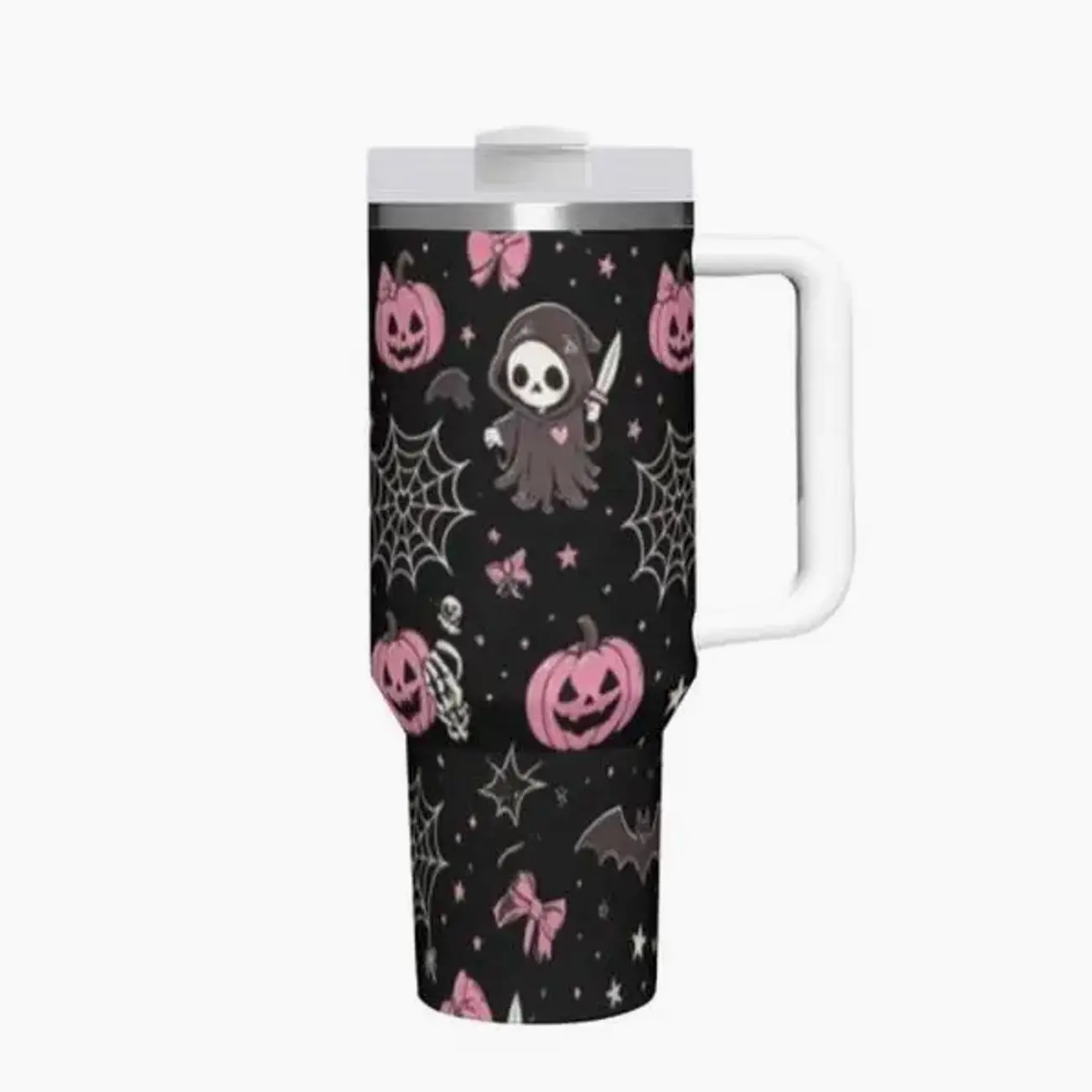 Spooky Halloween 40oz Tumbler With Handle, Grim Reaper Pumpkin Bat Insulated Travel Coffee Mug Holiday Gift