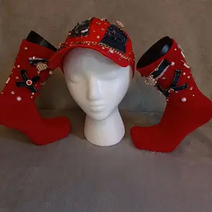 Red and Blue Jean Junk Hat and Socks Set