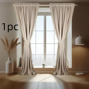 1pc Navy Fur Ball Fringe Light Blocking Curtain, Rod Pocket Design, Single Panel, Bedroom Window Drapes, Atmosphere Decorative Curtains