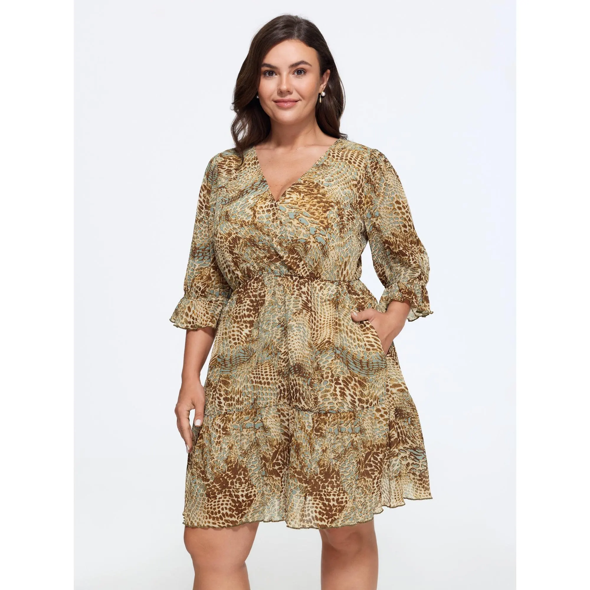 BLOOMCHIC Plus Size Animal Print Wrap Neck Tiered Mini Dress[M-6X] Back To School,Fall Pick, Garment, Fit