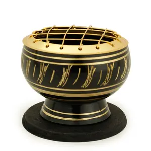 Burner - Black Brass Burner, Medium Base, Feather Engraving, Net Top 2"Hx2.5"D