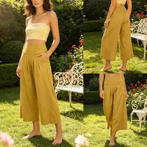 UANEO Women's Cotton Linen Summer Culottes Pants Elastic Waist Wide Leg Trousers with Pockets Casual Womenswear SummerVibes