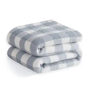 Homyo  Classic Blue Checkered 100% Cotton Blanket, Soft Cozy Breathable Warm, Hypoallergenic Throw Blanket, for Couch Office Bed Camping Travel Multi Purpose, Gift for All Seasons