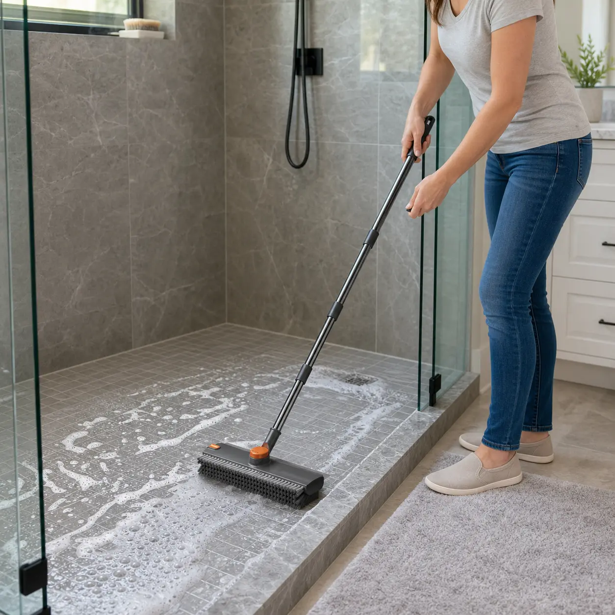 Floor Scrub Brush and Squeegee with Long Handle, 3-in-1 Stiff Bristle Cleaning Brush with Hair-Removal Clip and 360-Degree Head for Bathroom Floors, Shower Walls, Patio and Garage, Cleaning Supply, Floor Squeegee Broom