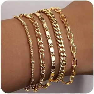 Gold Bracelets for Women Trendy,14K Real Gold Plated Dainty Stackable Paperclip Cuban Link Chain Bracelets,Cuff Bracelets Jewelry Set Adjustable 7"+2"