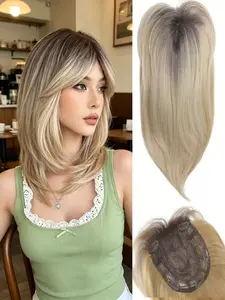🎀 Effortless Volume Blonde Hair Topper with Curtain Bangs - Clip-In Synthetic Hairpiece, Synthetic Hair Extensions, Breathable Base, Ideal for Daily Wear & Covering Thinning Hair