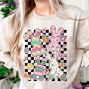 Stylish Easter T-Shirt Collection Retro Png, Bunny Png, Leopard Smiley, Checkered Png, Peeps & more! Sweatshirt