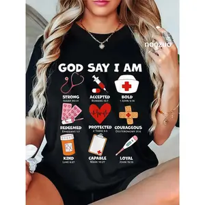 100% Cotton Unisex God Says I Am Nurse Strong Protected Religious Nurse Nursing T-Shirt Casual Top graphic tees