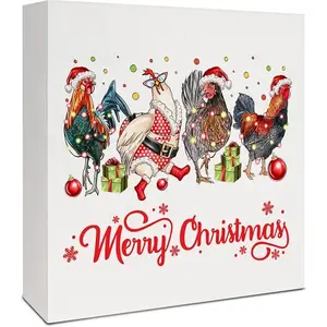 Chicken Christmas Wooden Box Sign, Rustic Christmas Chicken Decor, Farmhouse Xmas Hen Rooster Wood Signs for Home Office Desk Table Shelf Decorations, 5x5 Inch