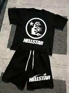 Urban Streetwear Outfit | Men’s "Hellstar" Fire Head Print Tee & Co-Ord Shorts Two Piece Outfit Street Style, Comfortable, Sporty Printed Tracksuit, Perfect For Outings, Trips, Gatherings With Friends, And Everyday Wear.