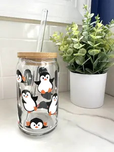 Penguin Iced Coffee Glass Cup with Bamboo Lid and Straw, Handmade Reusable Drinkware, Penguin Tumbler
