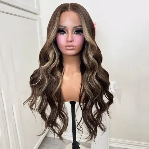 Brown Blonde Highlight 13X6 Transparent Human Hair Body Wave 13X4 13X6 Lace Frontal Wig 5X5 Lace Closure Wigs 180% Density Highlight Pre Plucked For Women