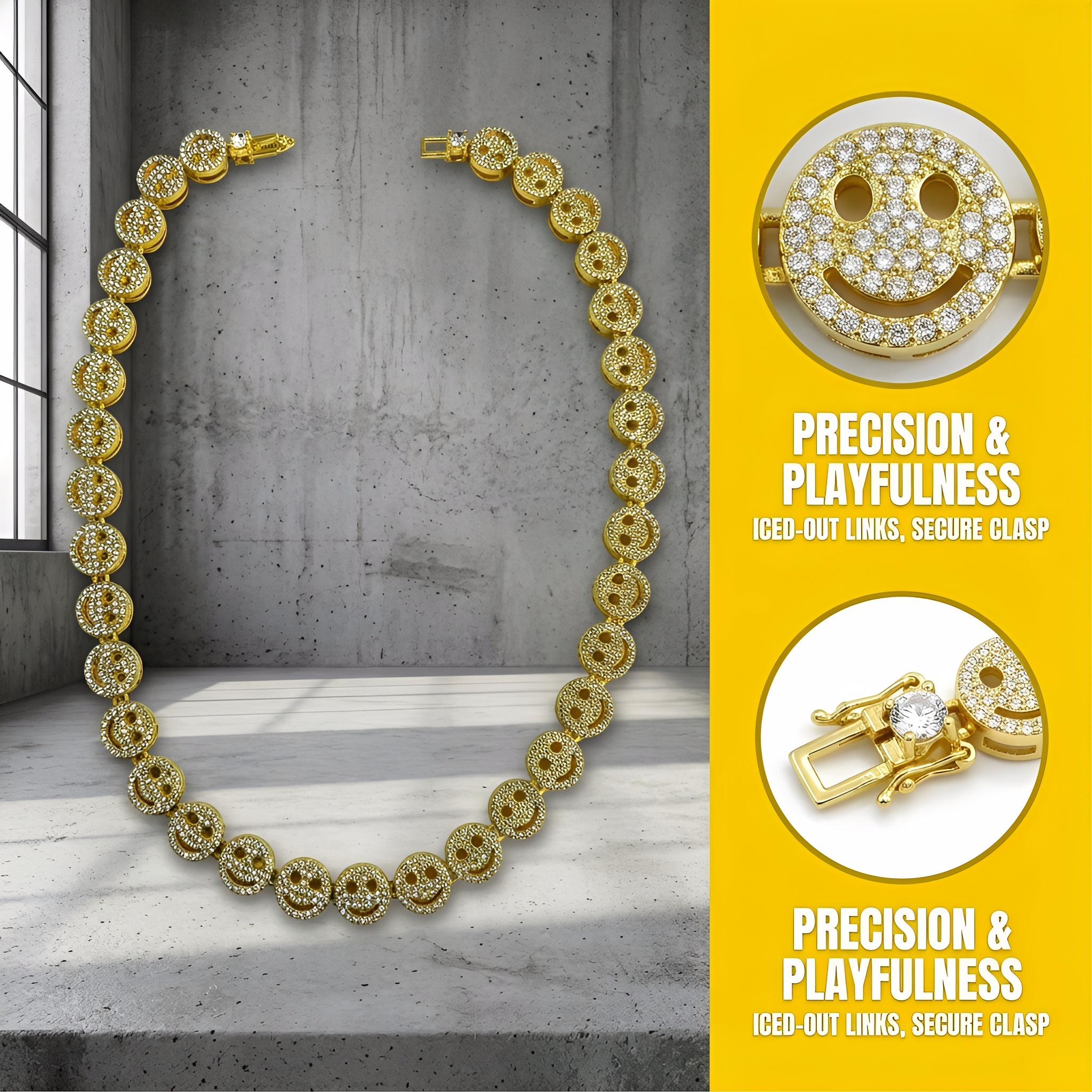 Hip-Hop Alloy Smiley Face Necklace & Full-Rhinestone Cuban Link Bracelet — Interlocking Ring Design, Edgy Punk Style (Unisex)