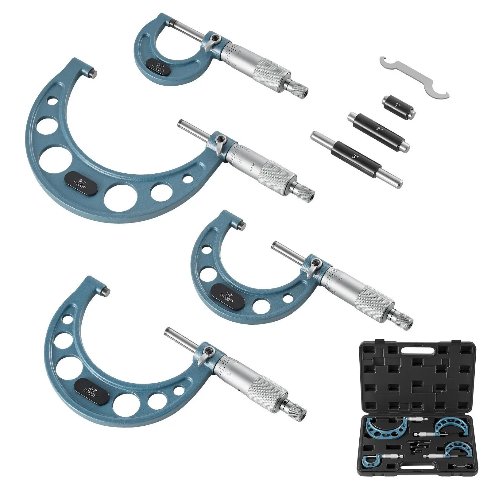 VEVOR 4 PCS Professional Machinist Outside Micrometer Set with Ratchet Wrench, 0-1"/1-2"/2-3"/3-4" Range, 0.0001 Ultra-Precision Accuracy, Metal Frame, Carbide-Tipped Measuring Head, Protective Case, for Outer Diameter Precision Work, Hardware Hand Tool,,