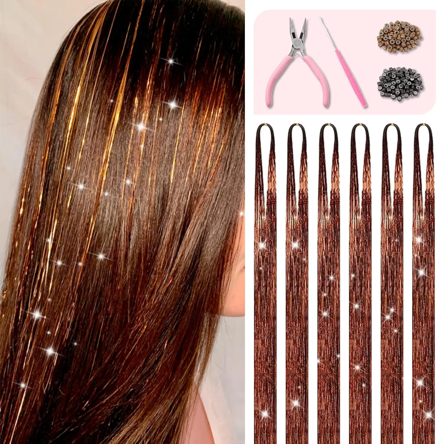 Brown Hair Tinsel Kit with Tools and Instruction Easy to Use 1200 Strands 48 Inches Glitter Tinsel Hair Extensions for Women and Girls, Sparkling Shinny Fairy Hair Accessories for Christmas  Year Halloween  Party