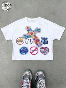 Unisex 100% Cotton Colorful Gemstone Cross Route 66 American Retro Print Oversized T-Shirt | Y2K Hip Hop High Street Streetwear Top