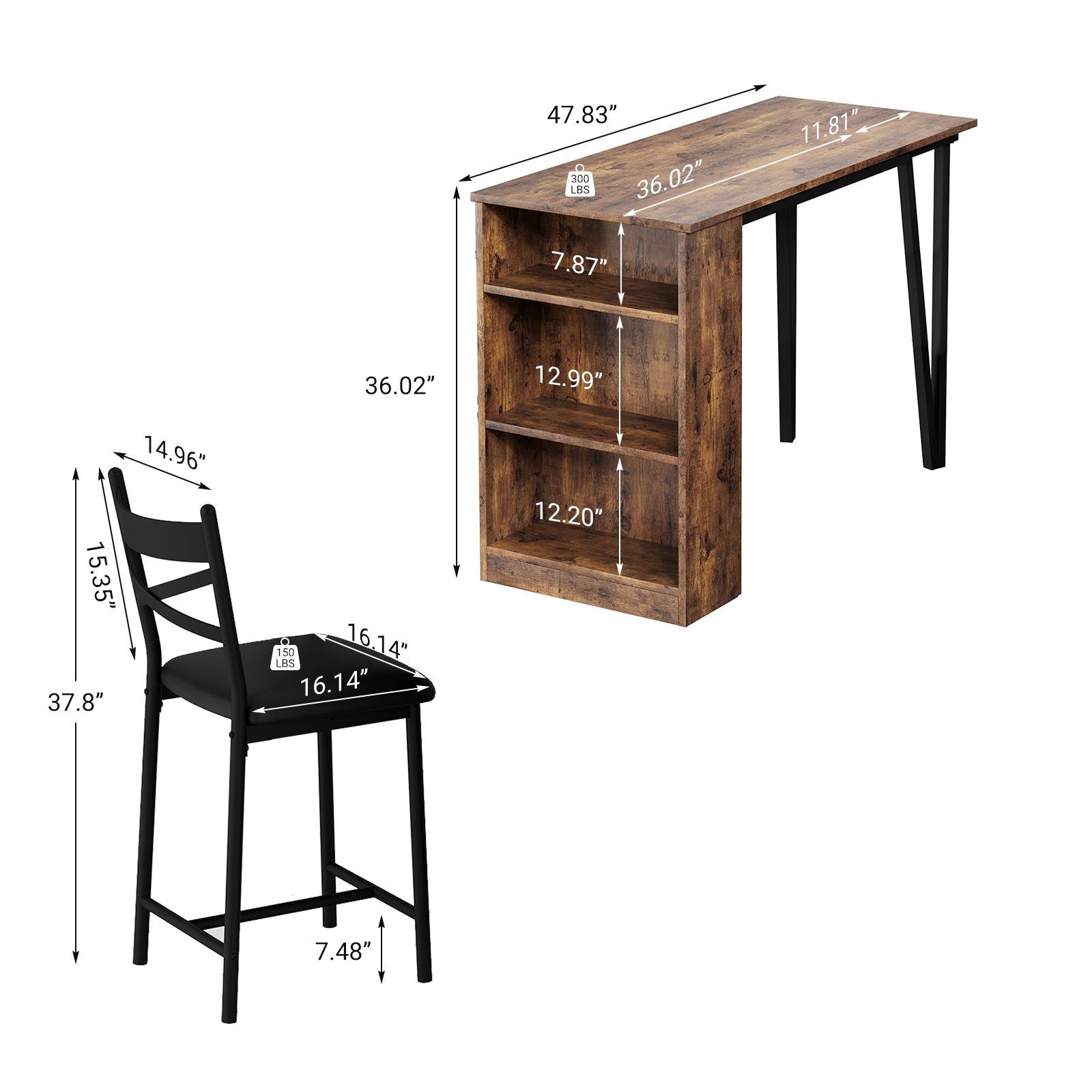 Space-Saving 3-Piece Extendable Bar Table Set, High Top Dining Table with 2 PU Cushion Stools & 3-Tier Storage Shelves, Compact Grey Breakfast Nook for Kitchen, Apartment & Dining Room