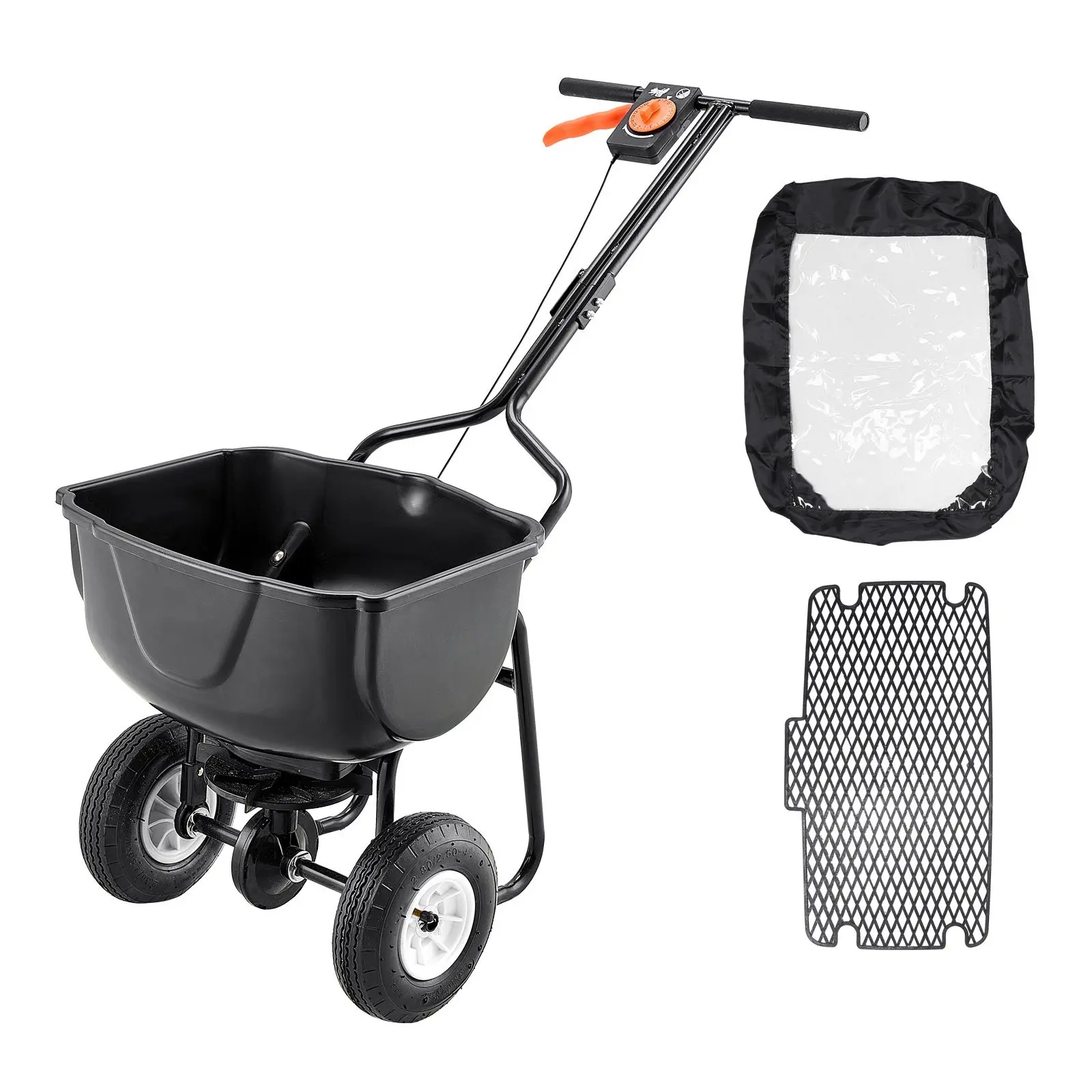 Walk Behind Broadcast Spreader With 60 Lb Capacity, Push Spreader With Hopper Grate, Adjustable Spreading Width From 0 To 9.8 Feet, 8-Inch All-Terrain Pneumatic Tires, Garden And Lawn Fertilizer And Seed Spreader For Lawn Care