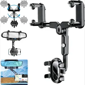 Large Rearview Mirror Phone Holder for Car 360Rotatable and Retractable, Upgraded Four Corners Fixed Anti-Shake Multifunctional Design with Button