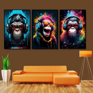 3 Pieces Pop Street Art Monkey with Headphones DJ Music, Trendy Music Wall Mural, Dynamic Fashion Home Art, Street Style Gallery Decor, Rich Tone Poster, Wall Decor for Playroom and Music Room, Framed or Unframed.
