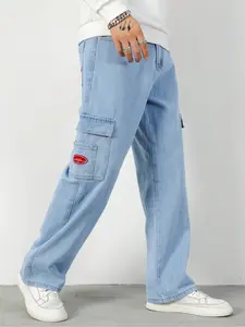 Men's Casual Loose-Fitting Denim Washed Cargo Jeans with Multiple Pockets, Button Front Design, Natural Waist, All Seasons Wear, Versatile Fashion Pants