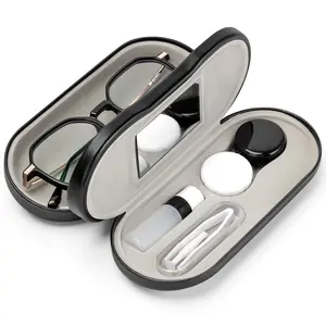 2 in 1 Contact Lens and Glasses Case Double Sided Portable Eyeglasses Case with Built-in Mirror Tweezer Remover and Contact Lens Solution Bottle Storage Kit for Travel Outdoors Daily Use