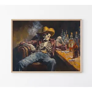 Wild West Remains: Oil Painting Poster of a Skeleton Cowboy in a Bar |   Western-style Poster |   Cowboy Artwork |   Road Trip Gift |   Southwestern-style Poster, Unframed Art Print(Note: Frame shown for display only) Decor Wall