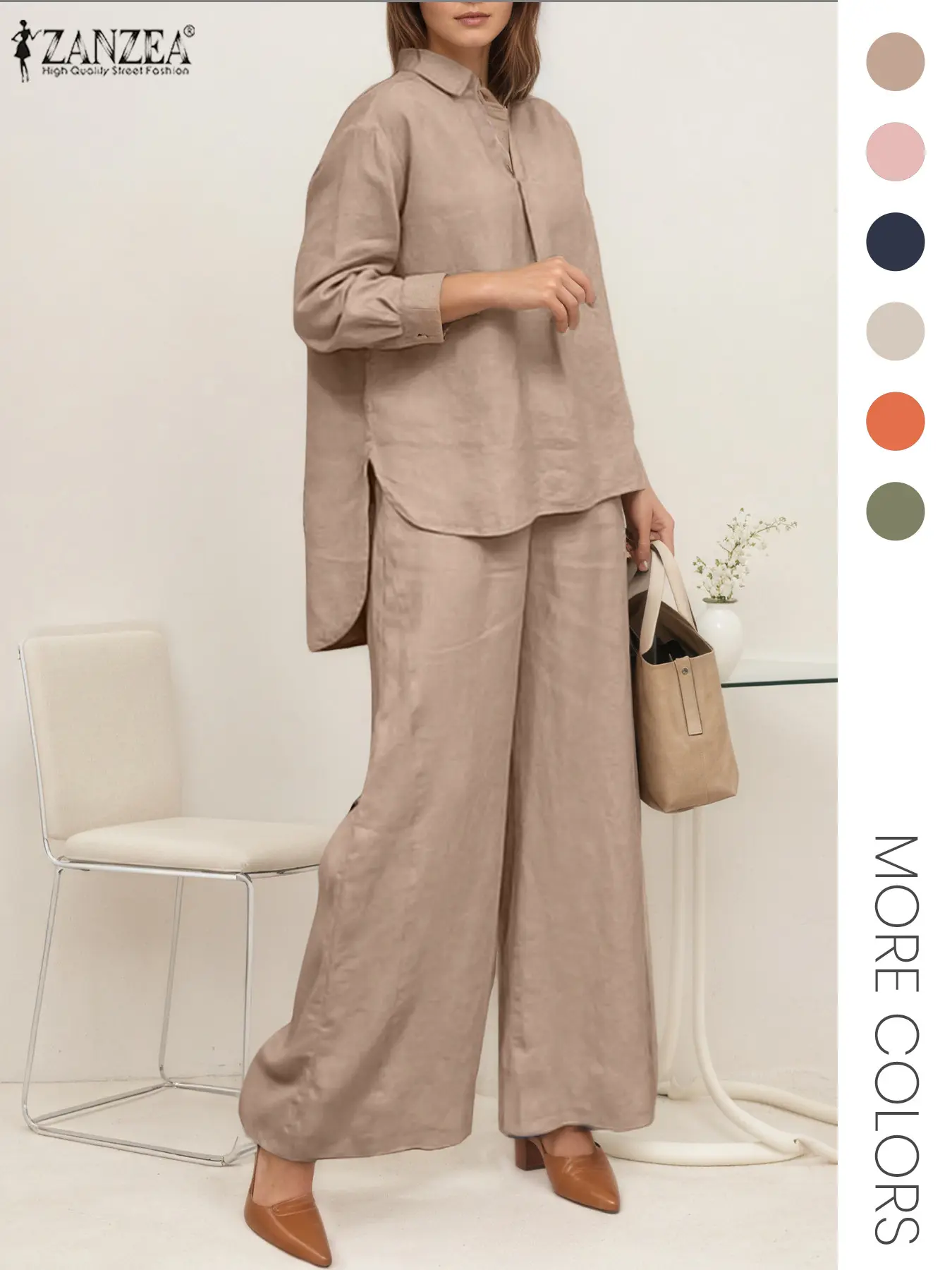 Women's Two-Piece Set, Basic Solid Color Long Sleeve Top & Wide Leg Pants, Casual Ladies All-Season Outfit for Daily Wear Trouser