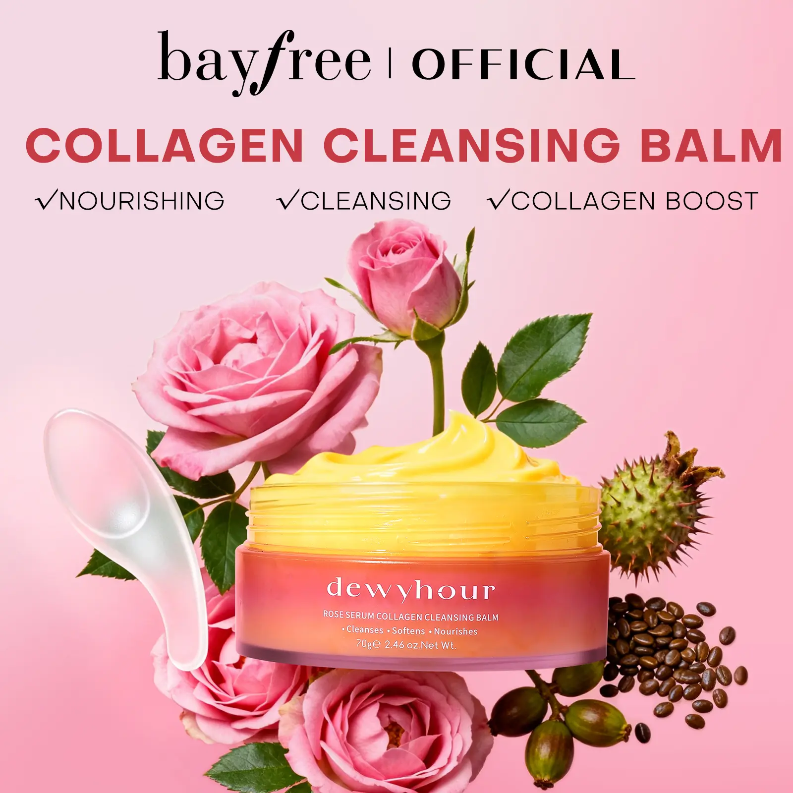 dewyhour Rose Cleansing Balm with Hydrolyzed Collagen, Nourishing Daily Makeup Remover for Fresh and Clean Skin, Moisturizing Formula for All Skin Types, Vegan - 2.46 oz, Soothing, Soft Skin
