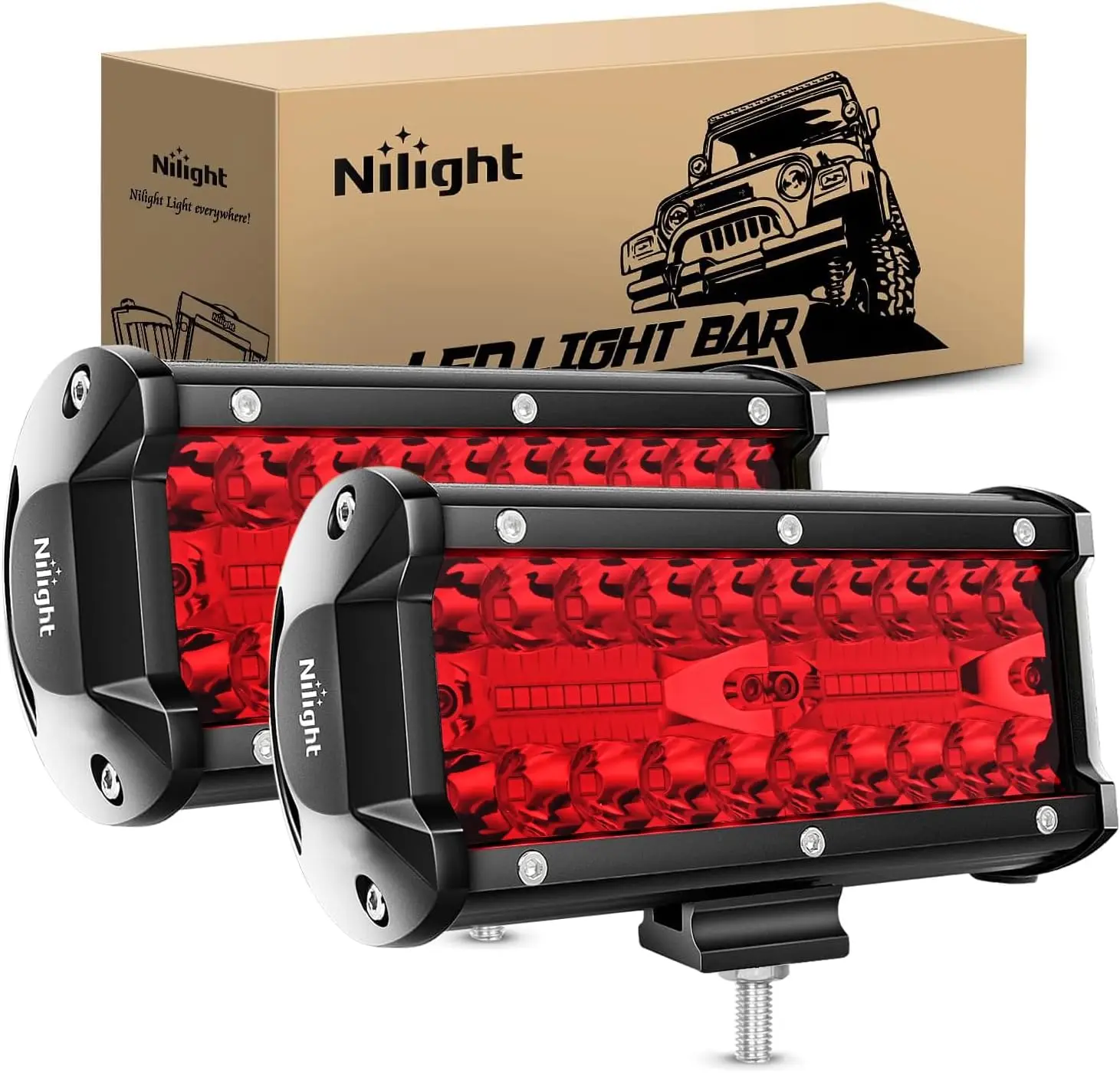 Nilight 6.5" LED Light Pod Red Triple Row 2PCS 120W Flood Spot Combo Driving Fog Lights Fishing Hunting Safety Signal Deck Trailer Lights for UTV Pick-up Van Boat Tractor eyelightscar lights Vehicle Lamp, Led Bar Light, Auxiliary Lights
