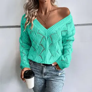 Mint Green Hollow Out Knit V Neck Drop Shoulder Sweater