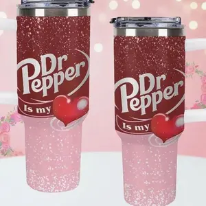 Dr Pepper Design 40oz Tumbler, Stainless Steel Cup with Handle, Straw and Lid, Insulated Large-Capacity Drinkware for Men and Women, Perfect for Home, Office, and Valentine's Day gift - Quick Delivery