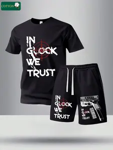 Men’s summer regular-fit cotton short-sleeve T-shirt and shorts set with letter print. Fashionable casual menswear for going out, featuring a pocketed athletic design and an elastic drawstring waistband. Suitable for running, golf, fishing, basketball, ca