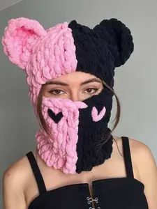 Women's Plush Hat Cute Earflapless Cap, Animal Hats, Solid Color Bunny Ears Design, Handmade Knitted Face Mask Headband for Winter Christmas Halloween