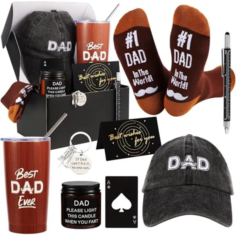 9-Piece Dad Gift Set: Brown Stainless Steel Tumbler, Socks, Cap, Keychain, Candle, Pen, Card, Opener; Modern Dad-Themed Gifts for Father, Husband, Grandfather        D
