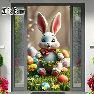 2D flat banner, 1pcCute Cartoon White Easter Bunny Backdrop, Pink Bow & Yellow Flower Wreath Easter Eggs Green Grass Spring Scene for Festive Easter Decorgalentines party decor, valentine day decor, decorations for valentines day