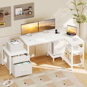 L-Shaped Desk with Power Outlets – File Drawer, Printer Stand & Storage Shelves, White
