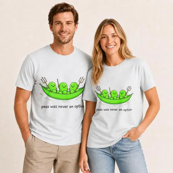 CARPESUN, Funny Peas In A Pod Graphic Tee, Cotton T-Shirt, Peas Was Never An Option Slogan With Forks Design, Soft Breathable Fabric, Unisex Couple Matching Outfit For Casual Daily Wear, Single Pack