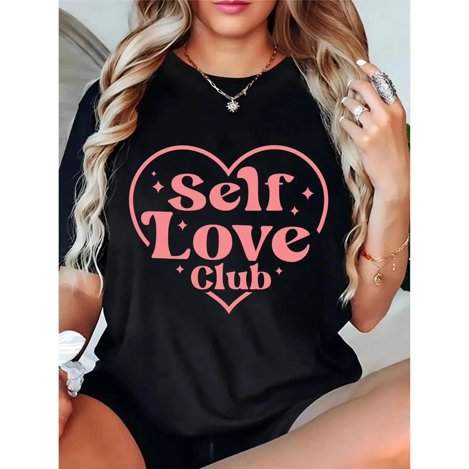 Women's Self Love Club Graphic T-Shirt, Comfortable Cotton Short Sleeve Top with Heart Print, Casual Basic for Daily or Valentine's Day Wear, Prints, Elegant, Lady, Essential, Fit, Feminine