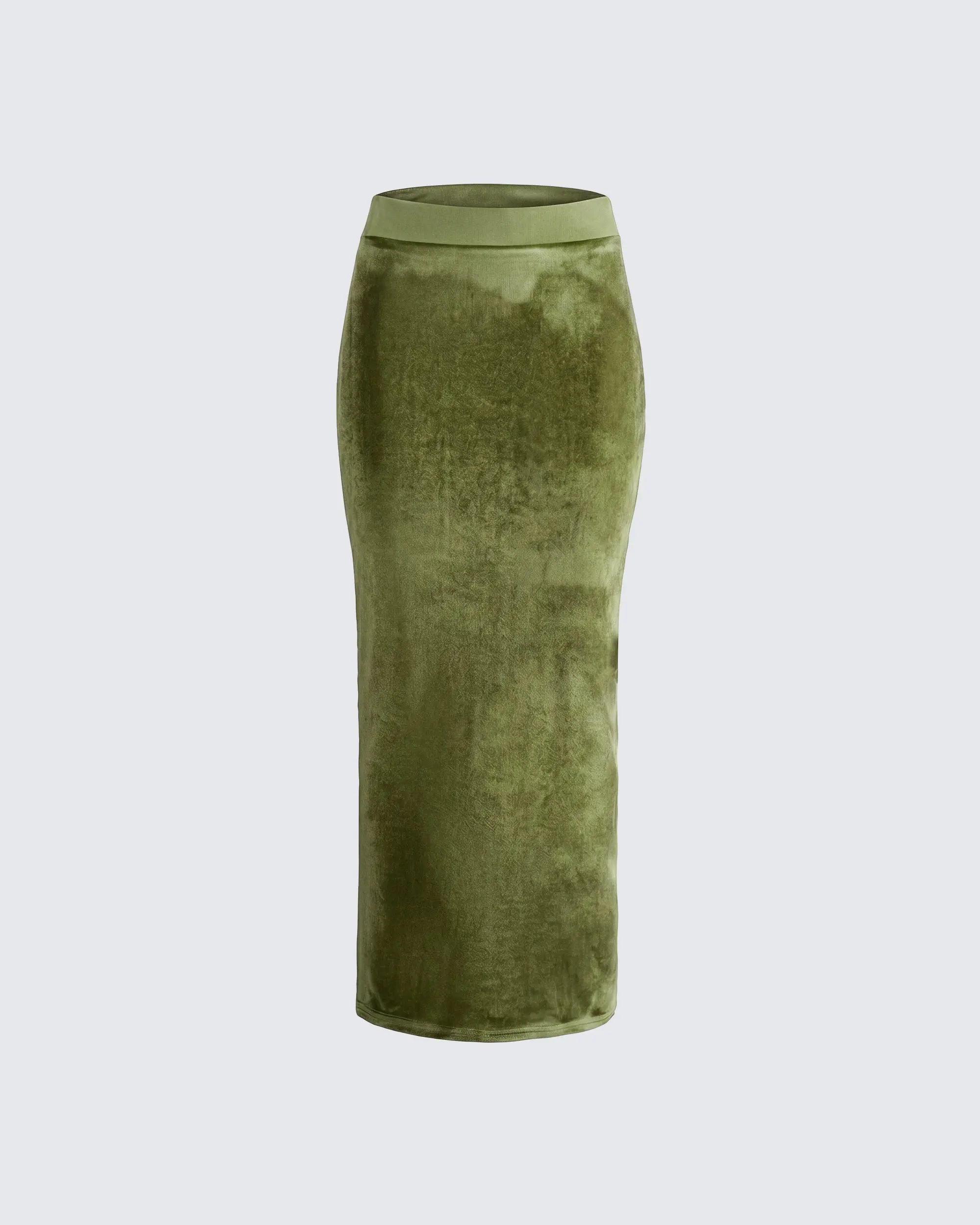 Women's Olive Velvet Maxi Skirt - Solid Floor-Length Bodycon Fit with a Fold-Over Waistband and Spandex Stretch, Evening