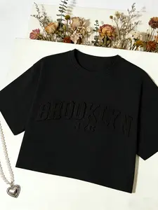 Summer Simple Classic Loose Round Neck Short Sleeve T-Shirt, Brooklyn Embossed Letter Design, Casual Fit, Streetwear, Versatile for Various